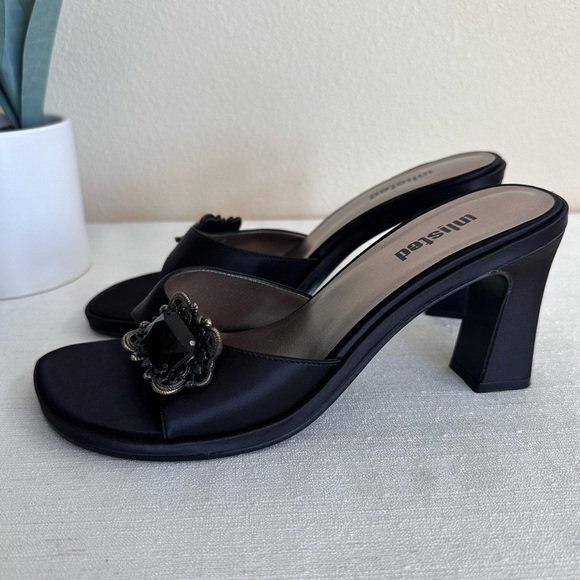 Kenneth Unlisted Cole Black Satin Jeweled Heeled Slip On Sandals Women’s 8.5 - Picture 3 of 12